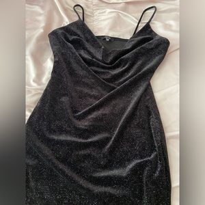 Black bodycon cowl neck dress with multi colored glitter